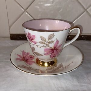RARe Vintage Old Royal Bone China Footed Teacup Saucer  Pink Floral Gold accent